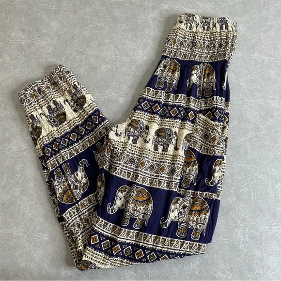 Joob Joob Elephant Print Navy and Cream Hippie Harem Pants/Boho Yoga Pants - Picture 7 of 7